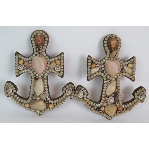 143 - Two Victorian sailor's shell work anchors both with pink satin Valentine's hearts, plus a collection... 