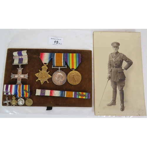 15 - A WWI military cross medal group and associated militaria medals awarded to Lt Col L. D. Scott, East... 