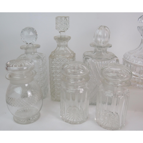 151 - 8 vintage and antique cut glass decanters plus 5 cut glass preserve jars. (13). Condition report: So... 