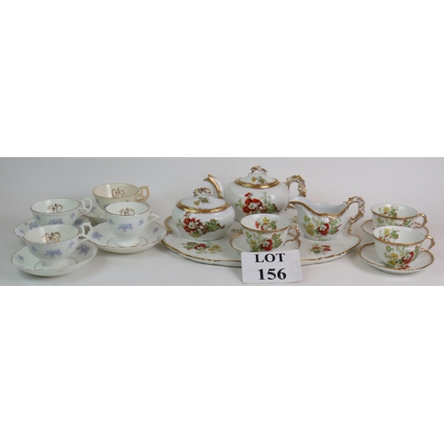 156 - A 10 piece Continental porcelain tea set, C1910 plus four Continental porcelain cups and saucers. (1... 