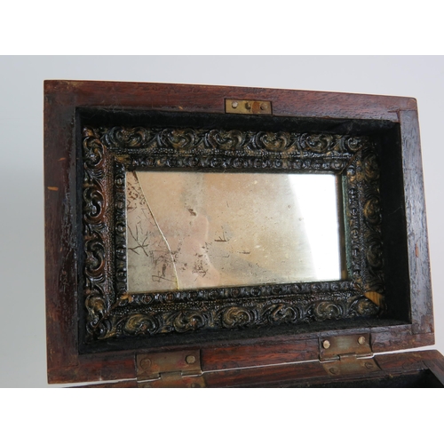 161 - An antique brass inlaid rosewood perfume box with internal mirror and divisions for 6 bottles plus a... 