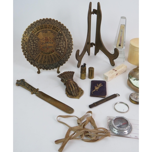 162 - A collection of desk top collectables including a mid century lamp, magnifier, ebony rules, statione... 