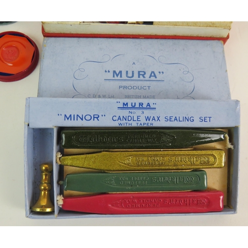 164 - Two sealing wax sets with various seals including one Agate plus three sets of antique brass postage... 