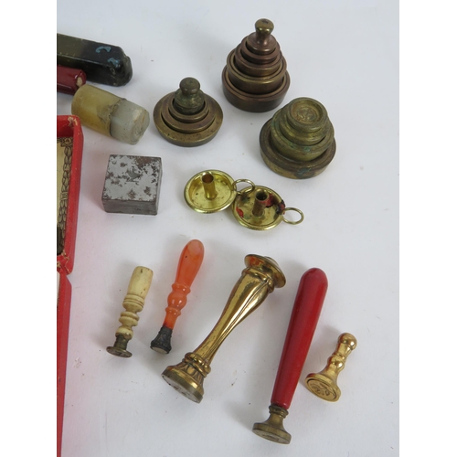 164 - Two sealing wax sets with various seals including one Agate plus three sets of antique brass postage... 