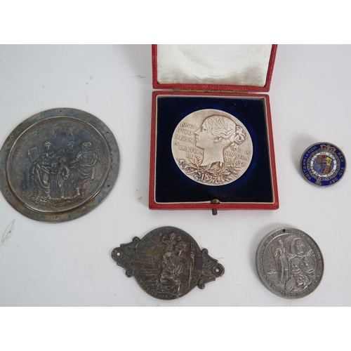 165 - Two Queen Victoria 1887 Jubilee medallions, one cased, an enamelled half crown brooch, two relief pl... 