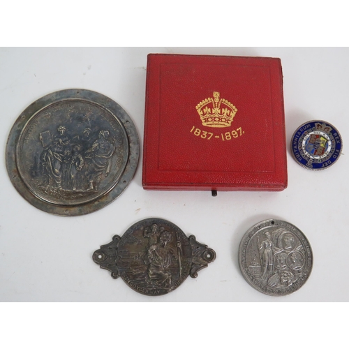 165 - Two Queen Victoria 1887 Jubilee medallions, one cased, an enamelled half crown brooch, two relief pl... 