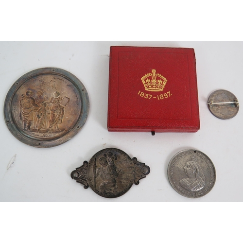 165 - Two Queen Victoria 1887 Jubilee medallions, one cased, an enamelled half crown brooch, two relief pl... 