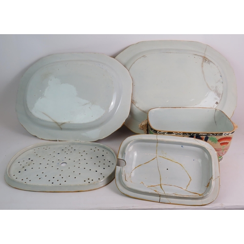 173 - Two large 19th Century pottery meat platters, a matching drainer and a covered soup tureen. Largest ... 