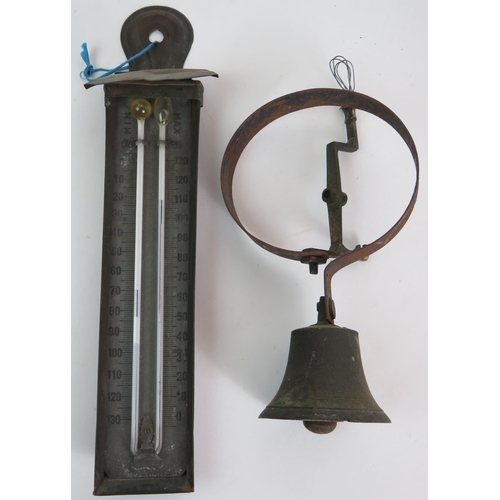 174 - Four vintage Hollophane lights fittings, a copper greenhouse thermometer, a servants bell and a 19th... 