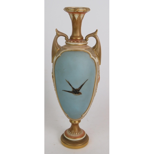 18 - A fine Royal Worcester porcelain vase of classical style with swan decoration to the front cartouche... 