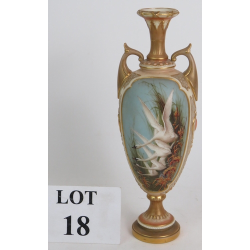 18 - A fine Royal Worcester porcelain vase of classical style with swan decoration to the front cartouche... 