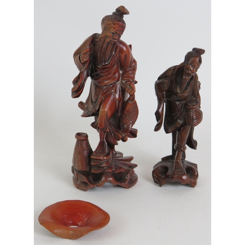 187 - Two Chinese hardwood root carvings of fisherman plus a similar Hardstone carving 25cm tall. (3). Con... 