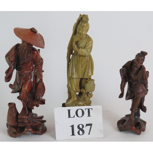 187 - Two Chinese hardwood root carvings of fisherman plus a similar Hardstone carving 25cm tall. (3). Con... 