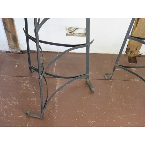 190 - Three vintage wrought iron kitchen pot/saucepan stands of triangular form. Tallest 184cm. (3). Condi... 