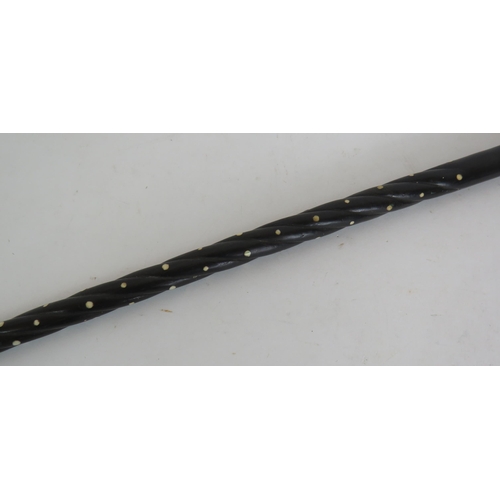 191 - An Asian bone inlaid ebony walking cane with leather covered handle and barley twist shaft. Length 8... 