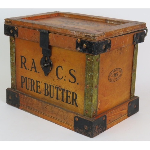 194 - A 1920s R.A.C.S travelling butter box with iron fittings and lock made by CWS Box Making Dept, 35cm ... 