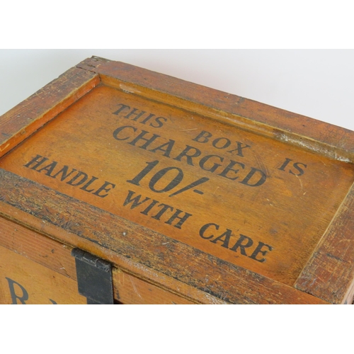 194 - A 1920s R.A.C.S travelling butter box with iron fittings and lock made by CWS Box Making Dept, 35cm ... 