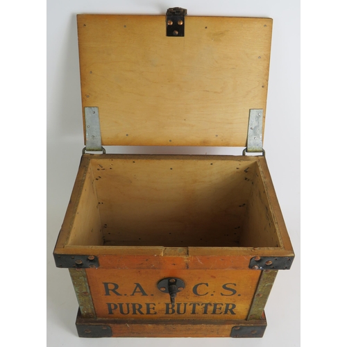 194 - A 1920s R.A.C.S travelling butter box with iron fittings and lock made by CWS Box Making Dept, 35cm ... 