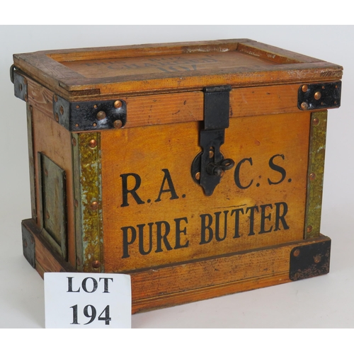 194 - A 1920s R.A.C.S travelling butter box with iron fittings and lock made by CWS Box Making Dept, 35cm ... 