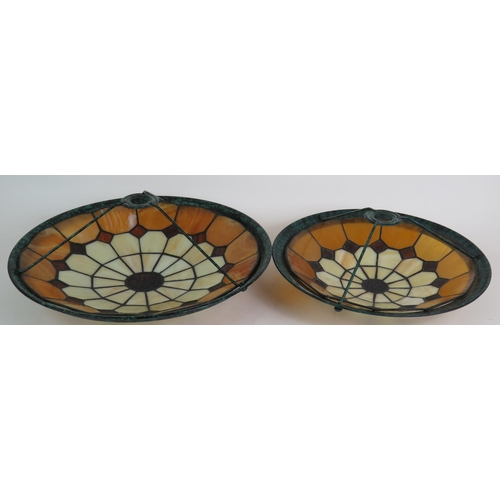 198 - Two Tiffany style stained glass plafonnier ceiling light shades both in rich amber tones with faux v... 