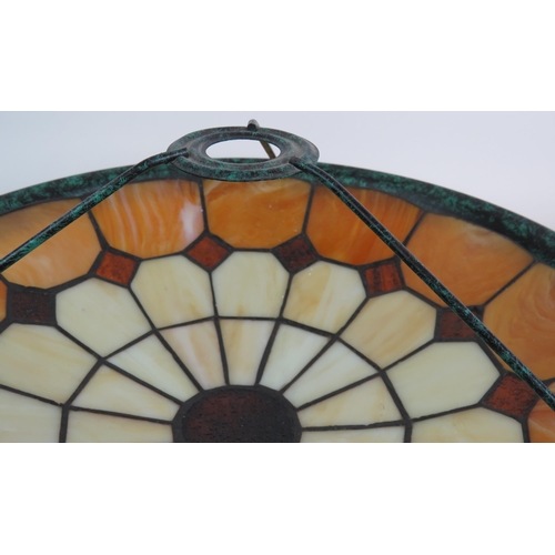 198 - Two Tiffany style stained glass plafonnier ceiling light shades both in rich amber tones with faux v... 