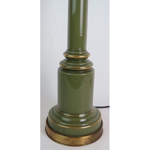 199 - A retro vintage green glass column table lamp with multicoloured ribbon shade. Overall height 72cm. ... 