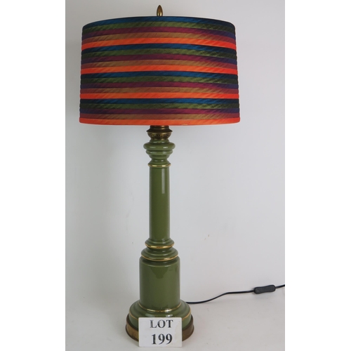 199 - A retro vintage green glass column table lamp with multicoloured ribbon shade. Overall height 72cm. ... 