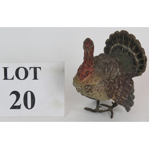 20 - A Franz Bergman cold painted bronze figure of a turkey, c.  1900, signed on tail. Height 10cm. Condi... 