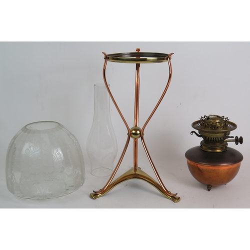 200 - An antique brass and copper Arts and Crafts oil lamp in the style of W.A.S. Benson with Messenger No... 