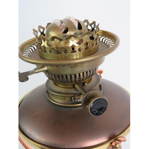 200 - An antique brass and copper Arts and Crafts oil lamp in the style of W.A.S. Benson with Messenger No... 