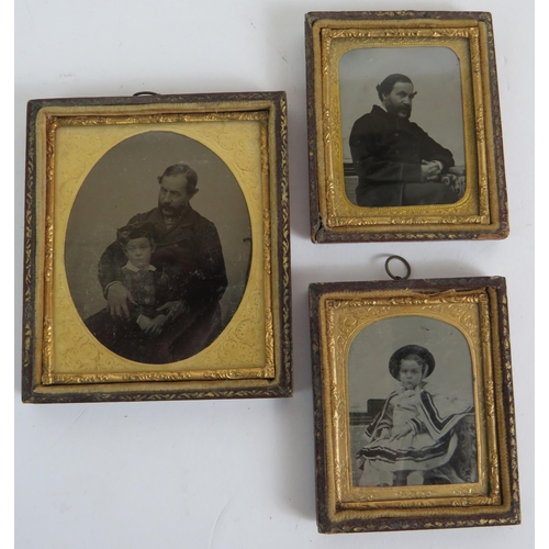 204 - Three 19th Century gilt and leather framed ambrotype photographs and a 20th Century copper and brass... 