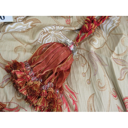 216 - Two large pairs of high quality lined curtains in gold and red tulip pattern, with two tiebacks and ... 