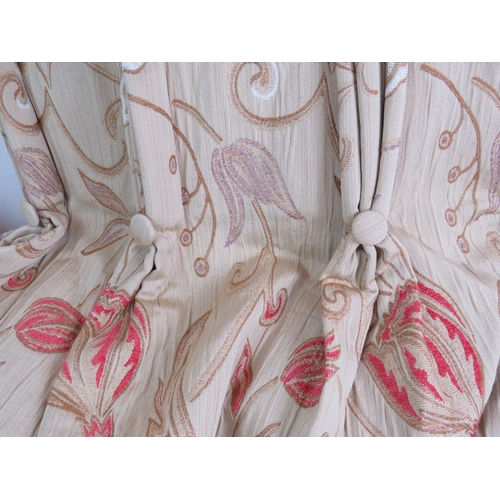 216 - Two large pairs of high quality lined curtains in gold and red tulip pattern, with two tiebacks and ... 