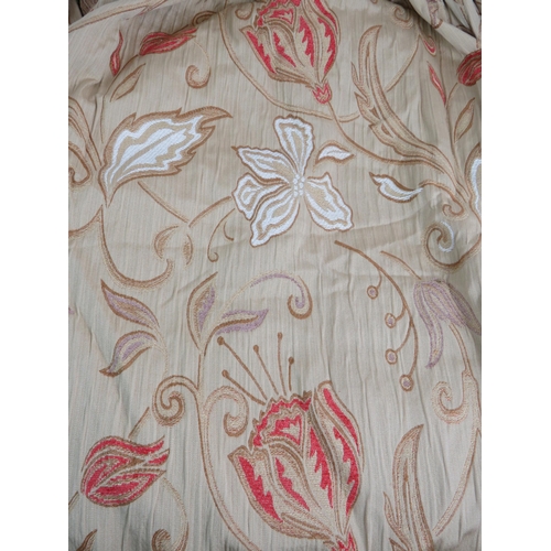 216 - Two large pairs of high quality lined curtains in gold and red tulip pattern, with two tiebacks and ... 