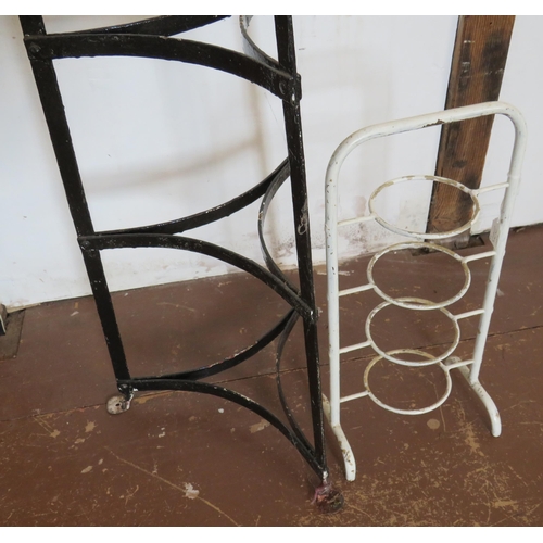 223 - An antique wrought iron kitchen/pot/pan stand of tripod form plus a small white painted plate stand.... 