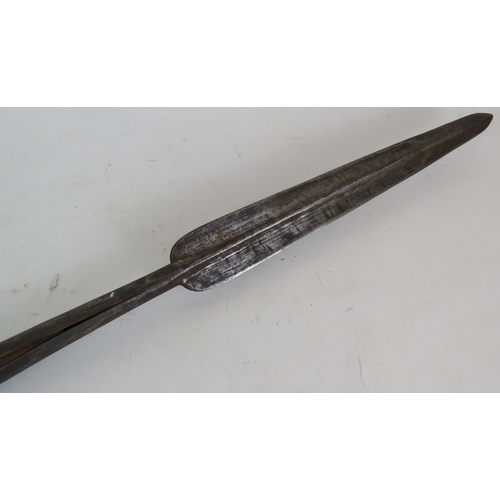 225 - An antique steel headed spear possibly European on oak or hickory shaft, head 33cm long, overall len... 