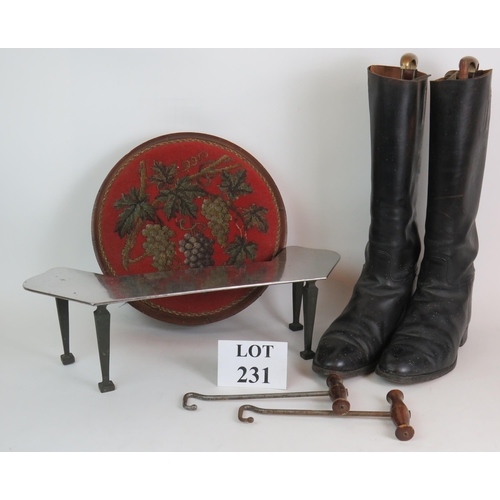 231 - A pair of vintage leather riding boots and pullers, a 19th Century beaded top footstool and a chrome... 