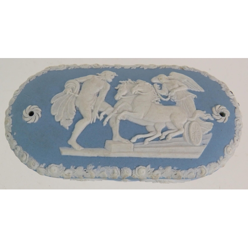 237 - An early antique Wedgwood Jasperware matchbox Go-To-Bed with classical relief to lid, two Vesta hole... 