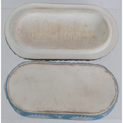 237 - An early antique Wedgwood Jasperware matchbox Go-To-Bed with classical relief to lid, two Vesta hole... 