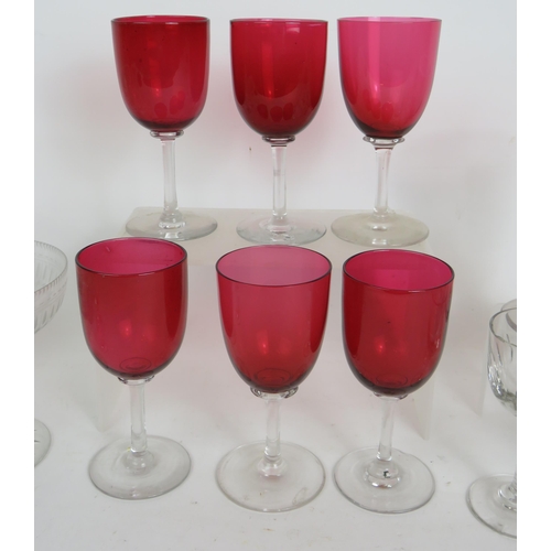 238 - A set of six 19th Century Cranberry glass wine glasses, two 19th Century rummers, three engraved swe... 