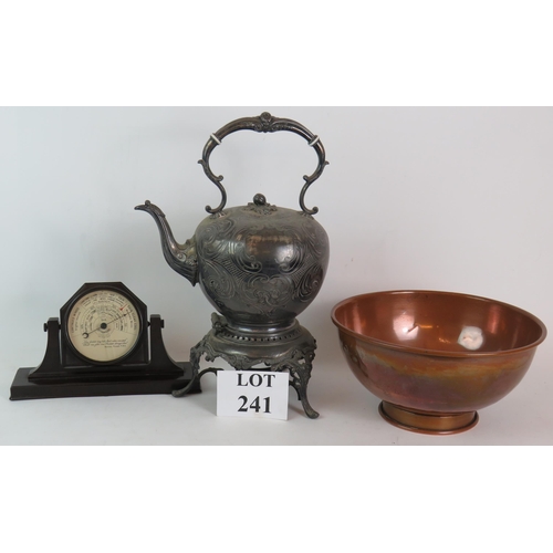 241 - A large 19th Century Britannia metal spirit kettle, a footed copper bowl and an Art Deco Bakelite S&... 