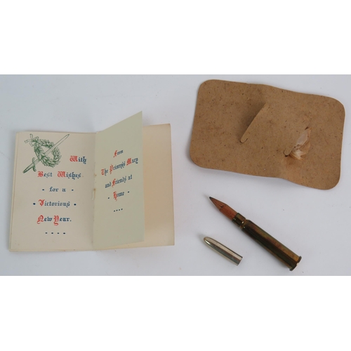 35 - A WWI Princess Mary Christmas tin 1915 with Christmas card and bullet pencil with insert. Condition ... 