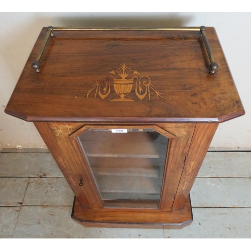 730 - A Victorian walnut marquetry inlaid side cabinet, with brass gallery rails and glazed door opening o... 