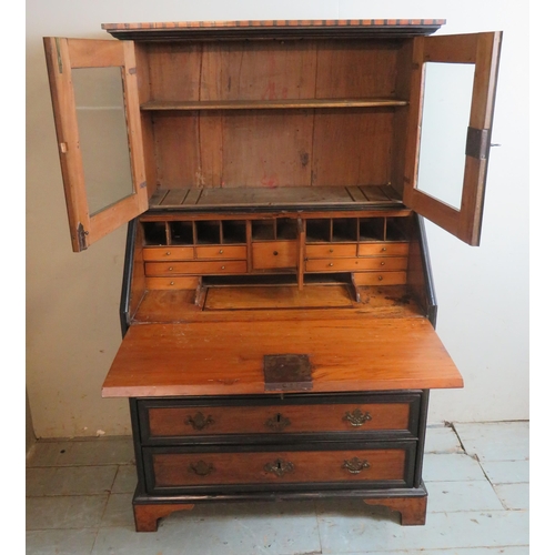 751 - An 18th century Georgian mahogany ebonised bureau bookcase with dentil cornice over glazed doors wit... 