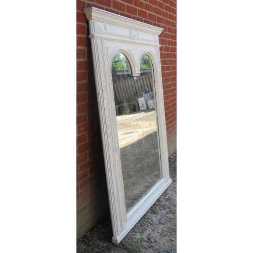 773 - A large vintage over mantle mirror, with double arched cornice & silvered mirror plate, painted whit... 