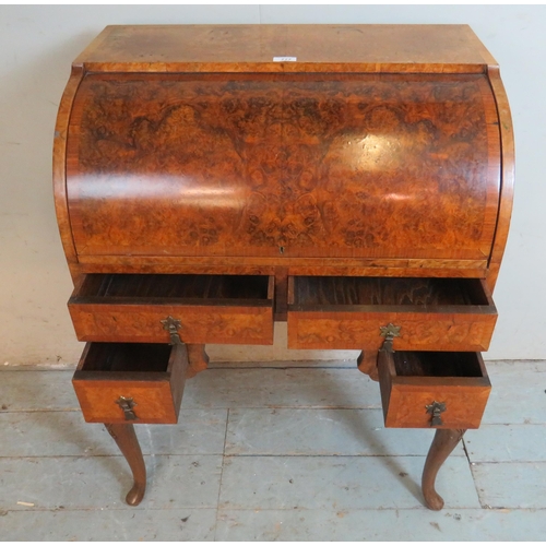 777 - An Edwardian Georgian revival burr walnut crossbanded cylinder topped desk with fitted interior & sa... 