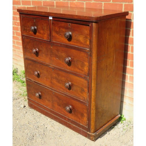 780 - A Victorian flame mahogany straight front chest of two short over three long drawers, fitted with tu... 