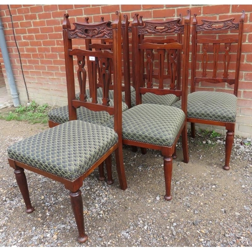 794 - A set of six Edwardian mahogany dining chairs upholstered in a patterned Art Deco style fabric, rais... 