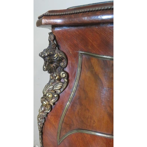 823 - A near pair of antique gilt metal mounted mahogany & burr walnut marble topped torcheres, featuring ... 