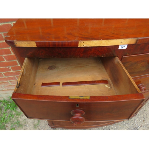 824 - A Victorian flame mahogany bow fronted chest of two short over three long graduated cock beaded draw... 